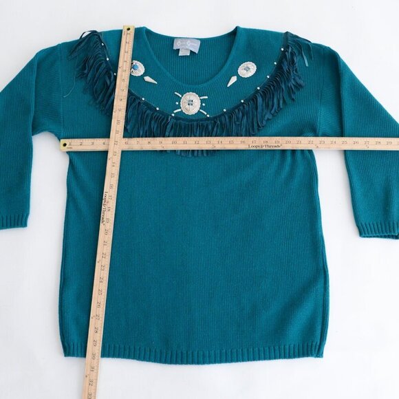Vintage Cover Charge Teal Western Fringe Cowgirl Long Sleeve Shirt L - Picture 4 of 13